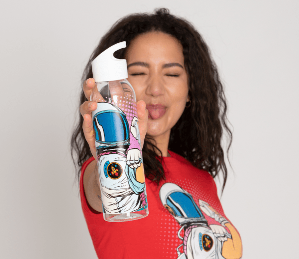 Woman holding a custom printed water bottle with an astronaut design