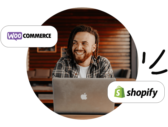 Man using laptop to connect a shopify or woocommerce store to print on demand app.